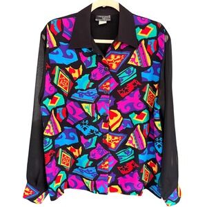 A8 Vintage Christine David Colorful Abstract Print Sheer‎ Sleeve Button Up Shirt